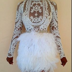 Lace Bodysuit & Ostrich Feather Skirt Dress